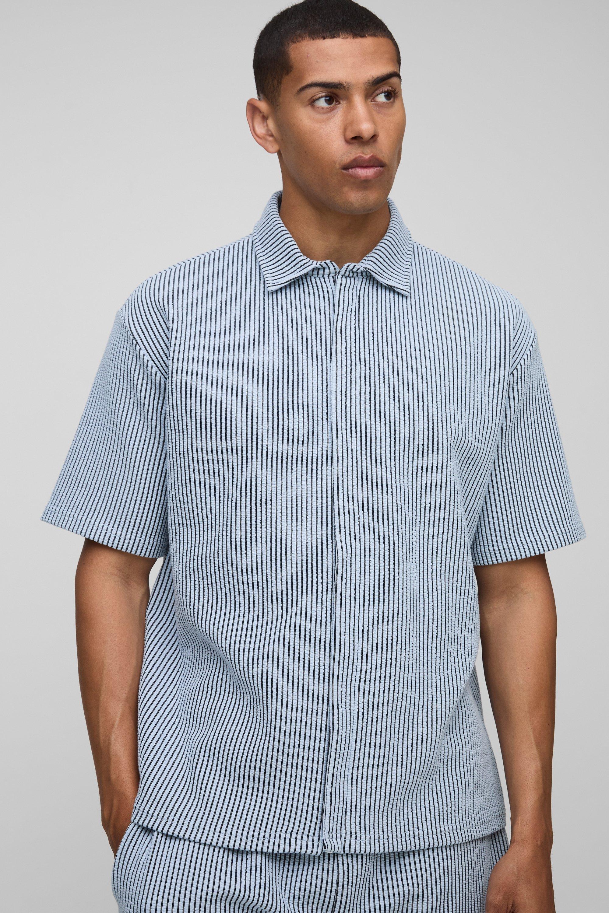 Mens Blue Oversized Two-Tone Ribbed Jersey Shirt, Blue